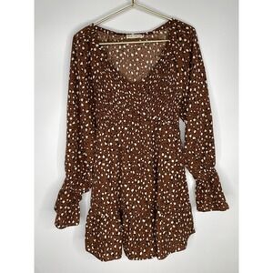 New In Womens Dress Ruffled Hem Bell Sleeves Mini Henley Small Chocolate Brown